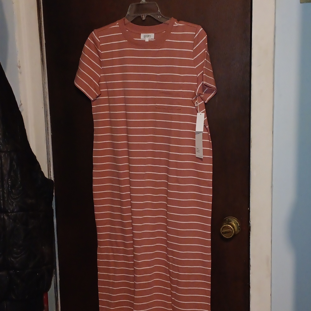 Pink and White Sheath Midi Dress with Raglan Sleeves